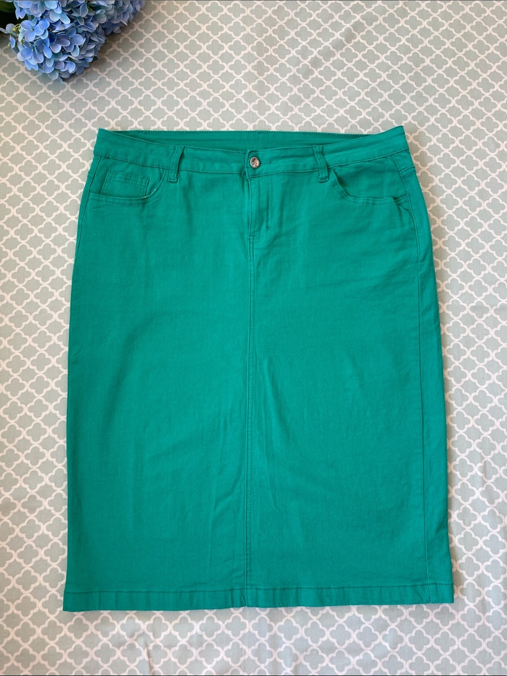 Be Girl Green Colored Denim Stretch Pencil Midi Skirt XL